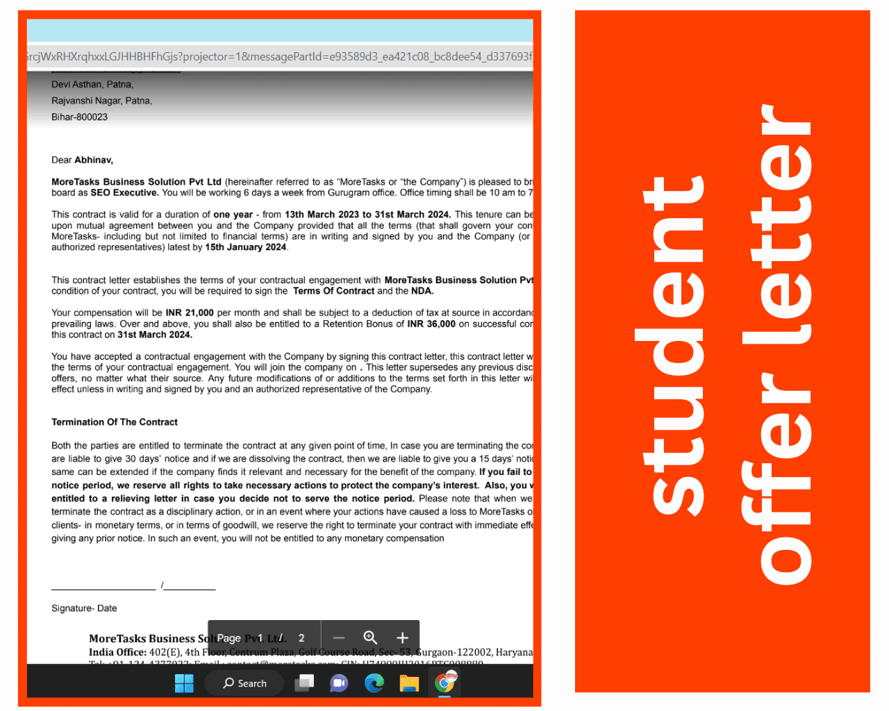 student offer letter